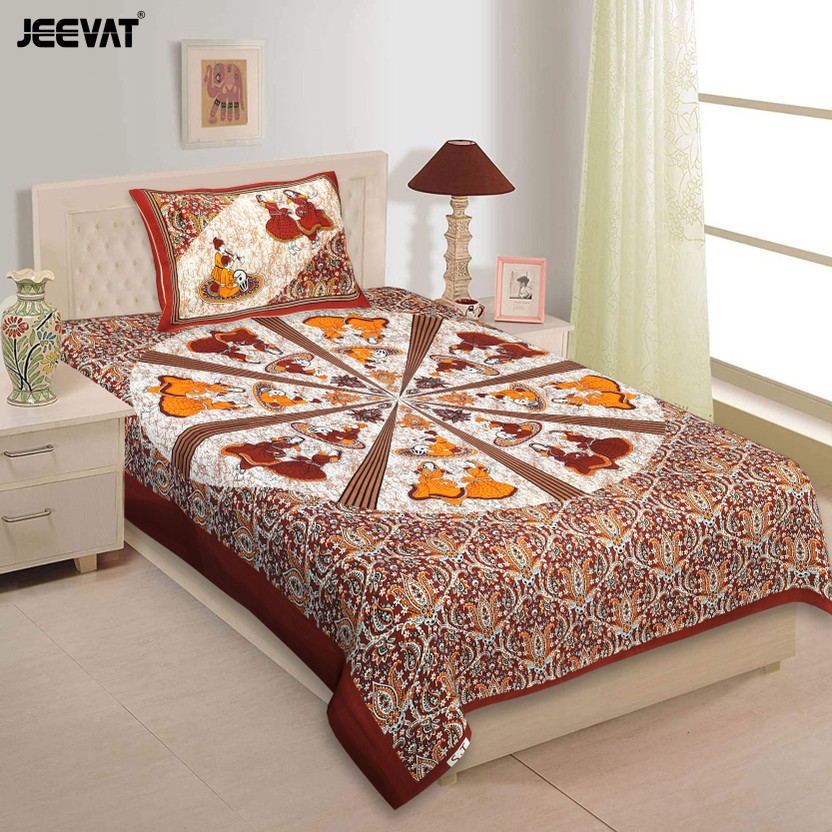 Jeevat Cotton Single Flat 144 TC Jaipuri Prints 1 Bedsheet with 2 Pillow Covers(Maroon)