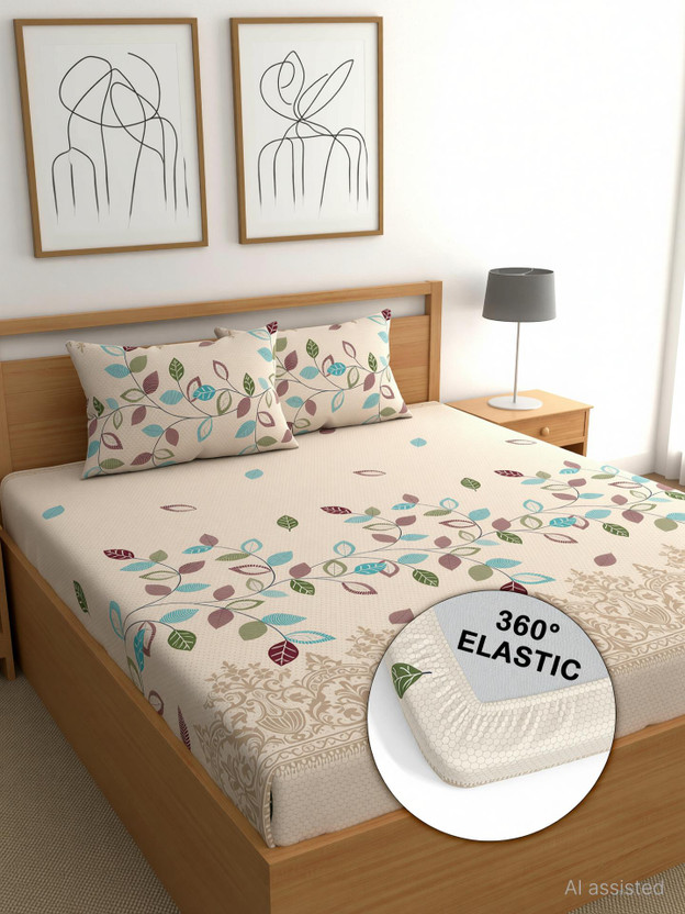 CG Homes Cotton Double Fitted (Elastic) 180 TC Printed 1 Bedsheet with 2 Pillow Covers(Multi leaf)