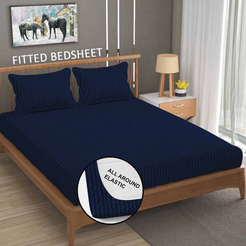 Homefab India Cotton King Fitted (Elastic) 140 TC Striped 1 Bedsheet with 2 Pillow Covers(Navy Blue)