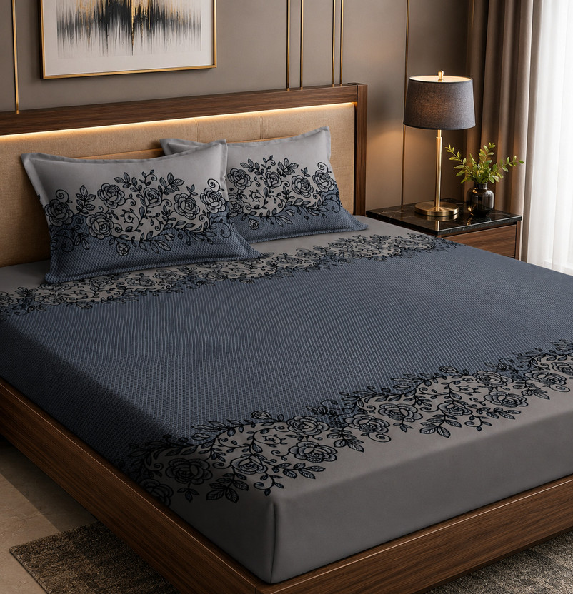 RisingStar Microfiber King Fitted (Elastic) 250 TC Floral 1 Bedsheet with 2 Pillow Covers(Grey)
