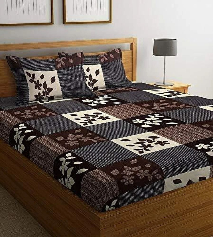 ChhabraTexcofab Polycotton Double Flat 150 TC Floral 1 Bedsheet with 2 Pillow Covers(Brown)