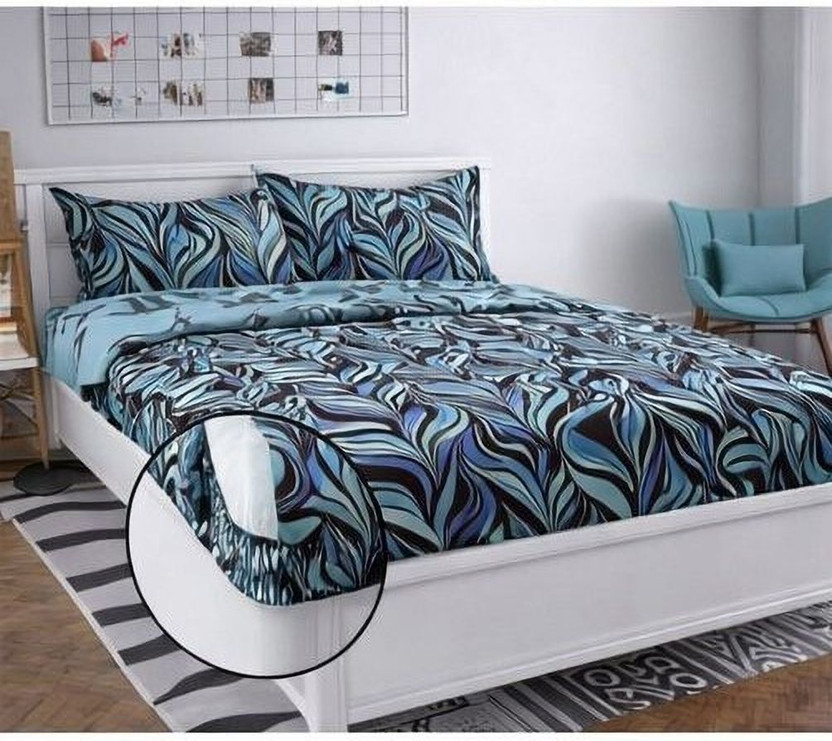 Primekart India Cotton King Fitted (Elastic) 210 TC 3D Printed 1 Summer Bedsheet with 2 Pillow Covers(Multicolor-19)
