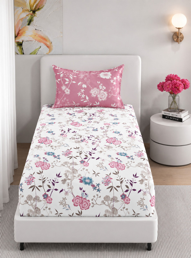 LUMORA NEST Cotton Single Flat 300 TC Printed 1 Bedsheet(White, Pink)
