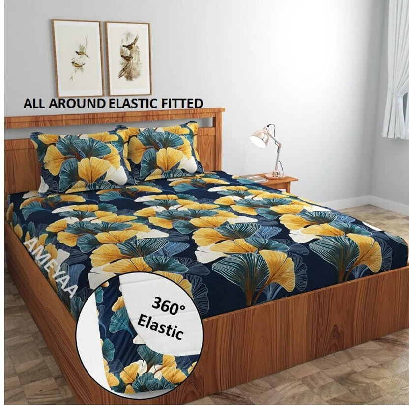 AMEYAA Cotton King Fitted (Elastic) 320 TC Printed 1 Bedsheet with 2 Pillow Covers(Blue Yellow)