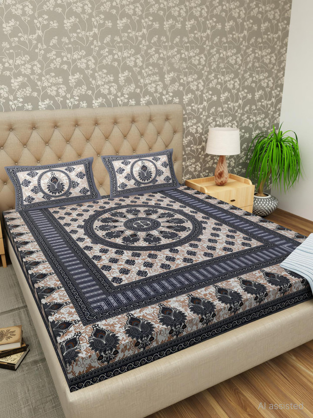 Zerron Cotton King Flat 144 TC Geometric 1 Bedsheet with 2 Pillow Covers(Grey)