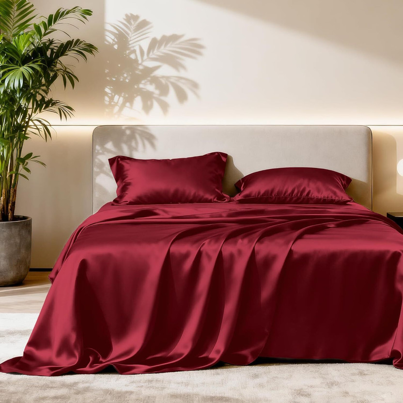 ALISHIBACASA Silk Double Flat 400 TC Solid 1 Bedsheet(Red)