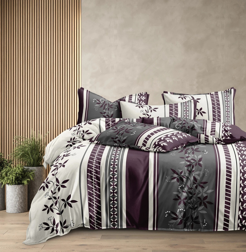 CHHILAKIYA Cotton Super King Flat 310 TC Printed 1 Bedsheet with 2 Pillow Covers(Multicolor White Purple)