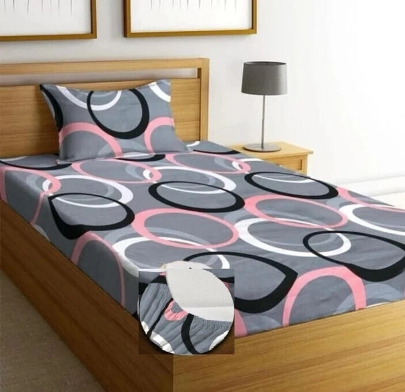 yatin fab Cotton Single Fitted (Elastic) 220 TC Printed 1 Bedsheet with 2 Pillow Covers(Grey)