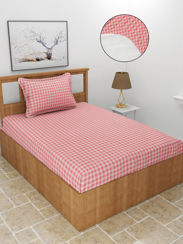 MORADO Cotton Single Fitted (Elastic) 210 TC Geometric 1 Bedsheet with 2 Pillow Covers(Pink, White)