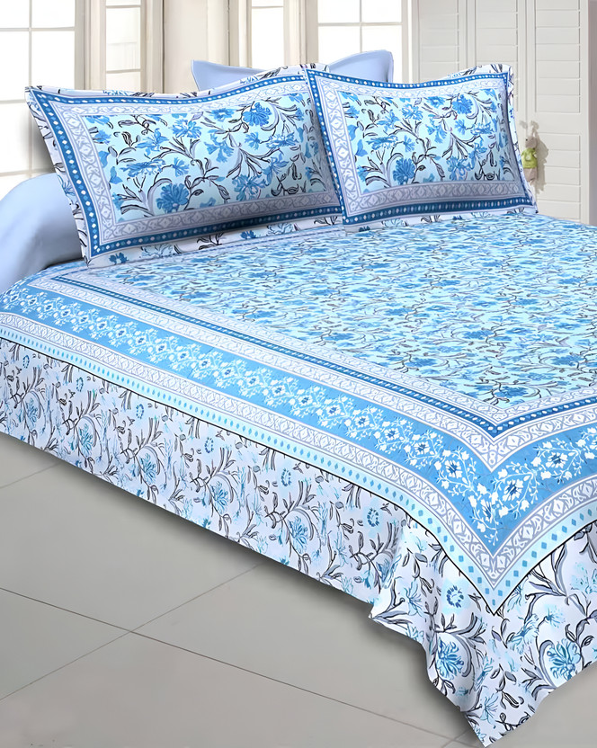 Bombay Spreads Cotton King Flat 180 TC Floral 1 Bedsheet with 2 Pillow Covers(Blue)