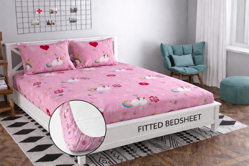 Primekart India Cotton King Fitted (Elastic) 210 TC 3D Printed 1 Summer Bedsheet with 2 Pillow Covers(Multicolor-16)