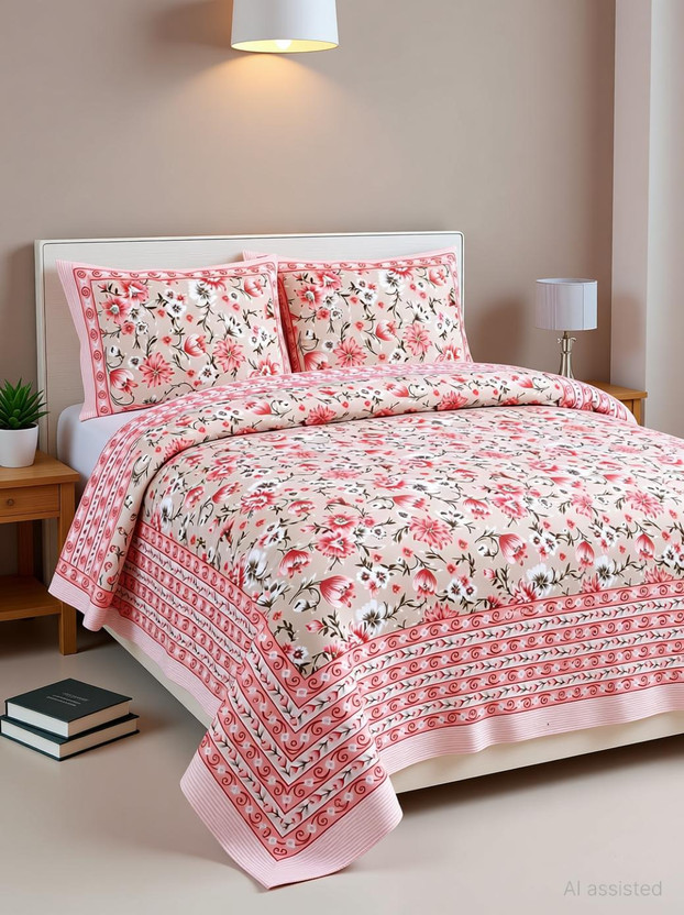 Bombay Spreads Cotton King Flat 180 TC Floral 1 Bedsheet with 2 Pillow Covers(Peach)