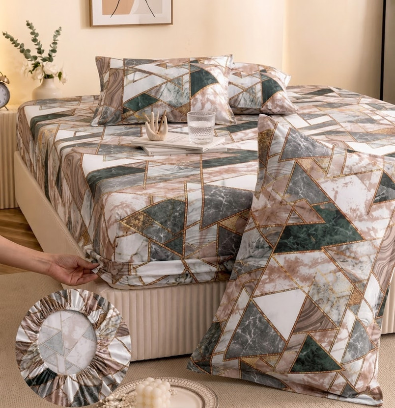 YaAkholic Cotton King Fitted (Elastic) 242 TC Printed 1 Summer Bedsheet with 2 Pillow Covers(Beige, Multicolor)
