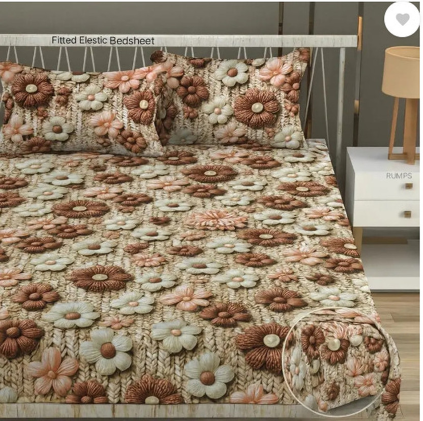 ruftree Cotton Double, King, Queen Fitted (Elastic) 380 TC 3D Printed 1 Bedsheet with 2 Pillow Covers(Multicolor)