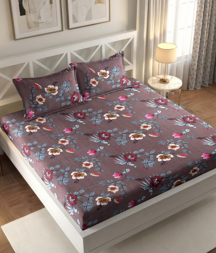 IWS Cotton Double Flat 144 TC Floral 1 Bedsheet(Brown, Multicolor)