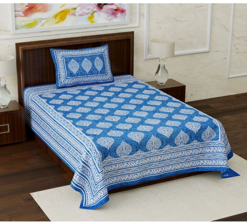 Homeline Cotton Single Flat 104 TC Printed 1 Bedsheet with 2 Pillow Covers(Blue)