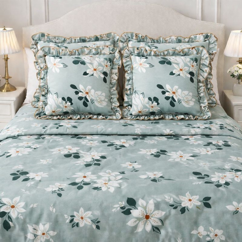 PILLOWALA Cotton King, Queen, Double Flat 200 TC Floral 1 Summer Bedsheet with 2 Pillow Covers, 2 Cushion Covers(Multicolor)