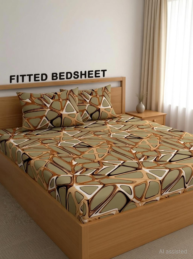 VKOM Cotton Double Fitted (Elastic) 244 TC Floral 1 Summer Bedsheet with 2 Pillow Covers(Gold)