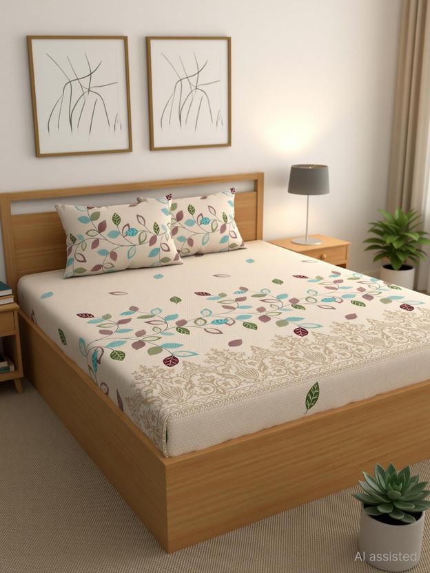 CG Homes Cotton Double Flat 180 TC Floral 1 Bedsheet with 2 Pillow Covers(BEIGE MULTI)