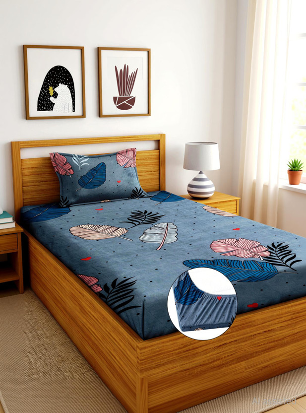 BLUEDOT BLUEDOT Cotton Single Fitted (Elastic) 240 TC Printed 1 Bedsheet(Grey, Pink, Blue) - Flipkart Deal