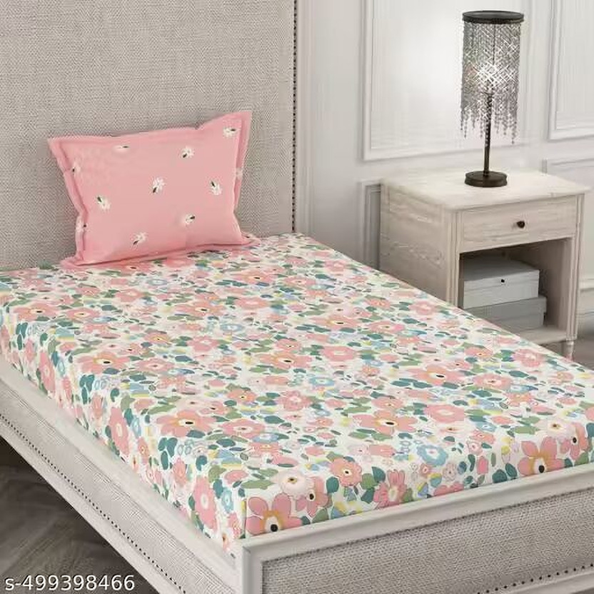 SUKHAURA Cotton Single Fitted (Elastic) 180 TC Floral 1 Summer Bedsheet with 2 Pillow Covers(Multicolor)