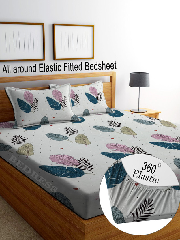 Bedress Cotton King Fitted (Elastic) 250 TC Floral 1 Bedsheet with 2 Pillow Covers(FITTED_WHITE_PATTA_NEW)