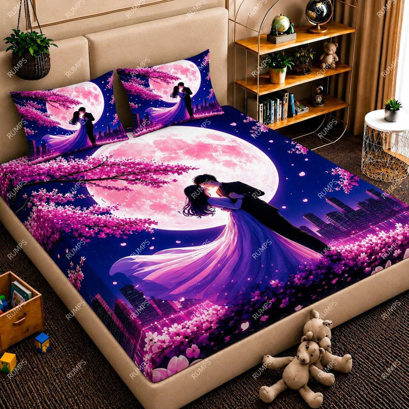 Rumps Cotton Double Flat 450 TC Printed 1 Bedsheet with 2 Pillow Covers(Multicolor, 7D DIGITAL MOON)