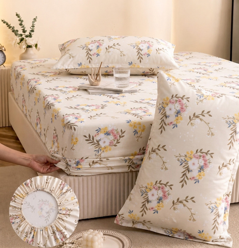 YaAkholic Cotton King Fitted (Elastic) 242 TC Printed 1 Summer Bedsheet with 2 Pillow Covers(Multicolor)