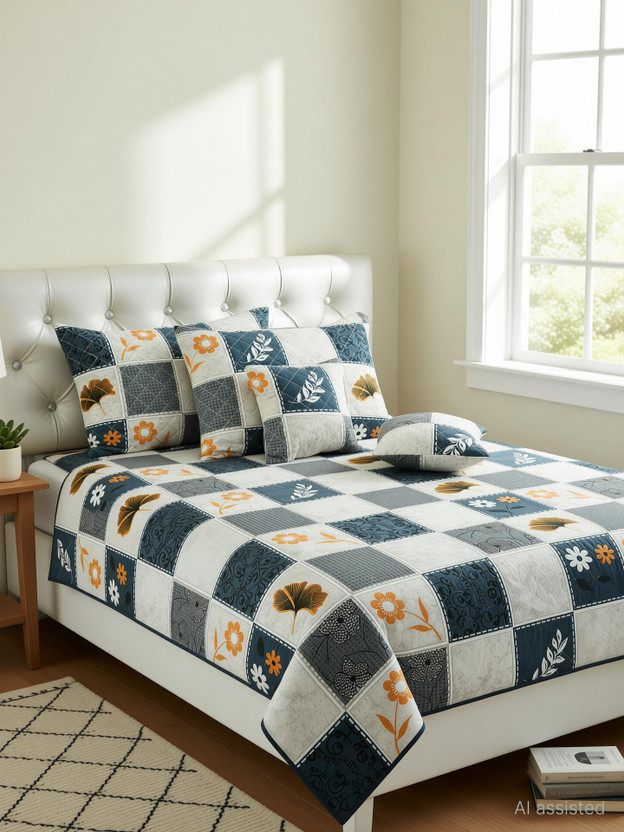 CLOVIS CLOVIS KRAFTS Cotton Double Flat 240 TC Printed 1 Bedsheet with 2 Pillow Covers, 2 Cushion Covers(White) - Flipkart Deal