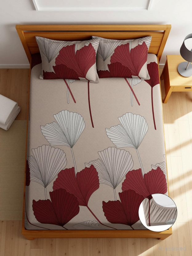 EXFAB Cotton Double Fitted (Elastic) 240 TC Printed 1 Bedsheet with 2 Pillow Covers(Multi14)