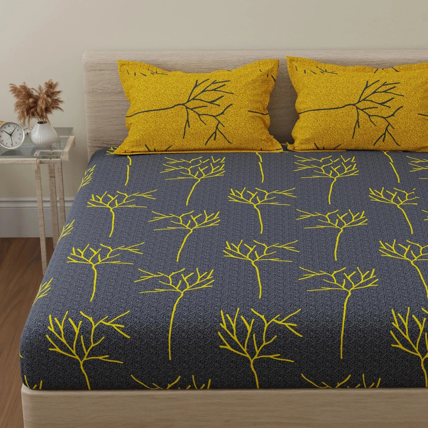 Huesland Huesland Cotton King Flat 144 TC Floral 1 Bedsheet with 2 Pillow Covers(Grey and Yellow) - Flipkart Deal