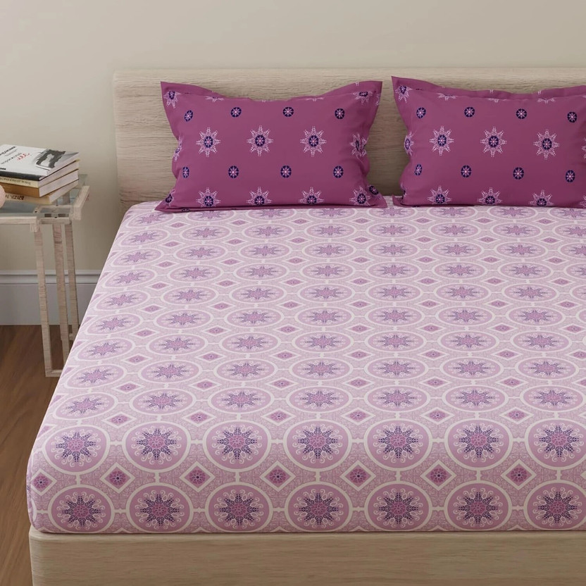 Huesland Cotton King Flat 144 TC Geometric 1 Bedsheet with 2 Pillow Covers(Pink & Magenta)