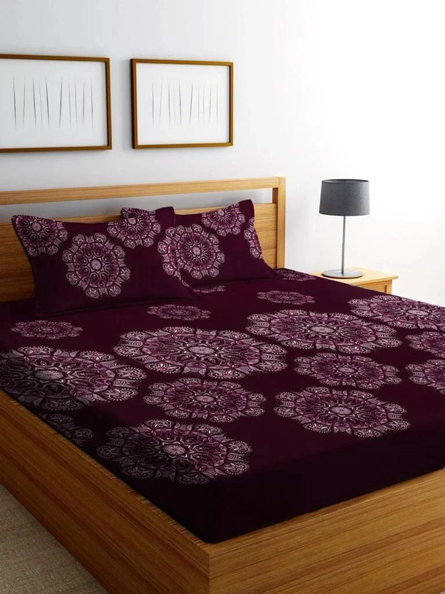 Home Garage Cotton King Fitted (Elastic) 210 TC Self Design 1 Bedsheet with 2 Pillow Covers(WINE)
