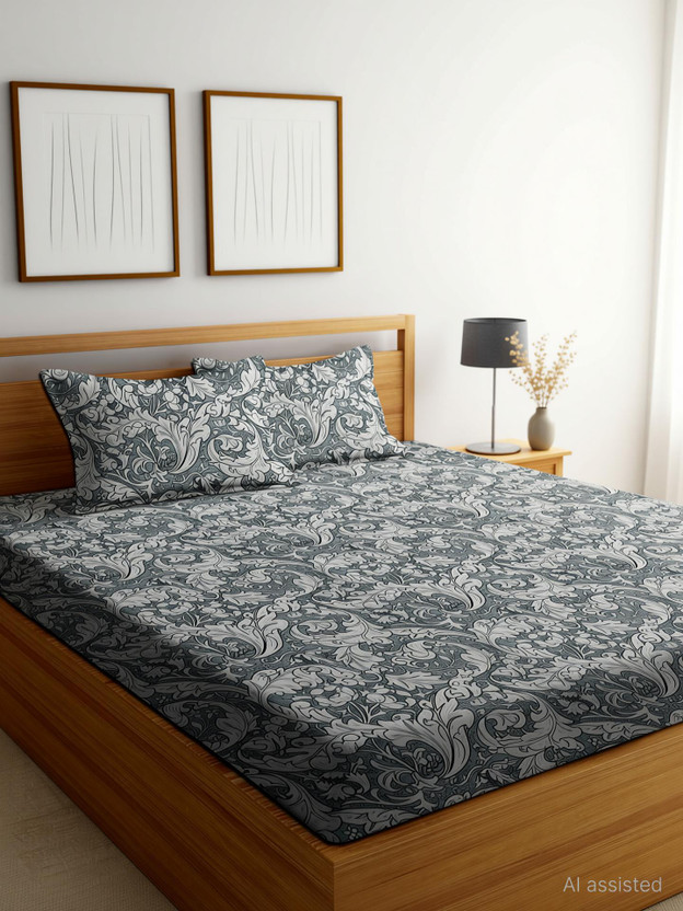 STEDO Cotton Double, King Fitted (Elastic) 250 TC Floral 1 Bedsheet with 2 Pillow Covers(Grey)
