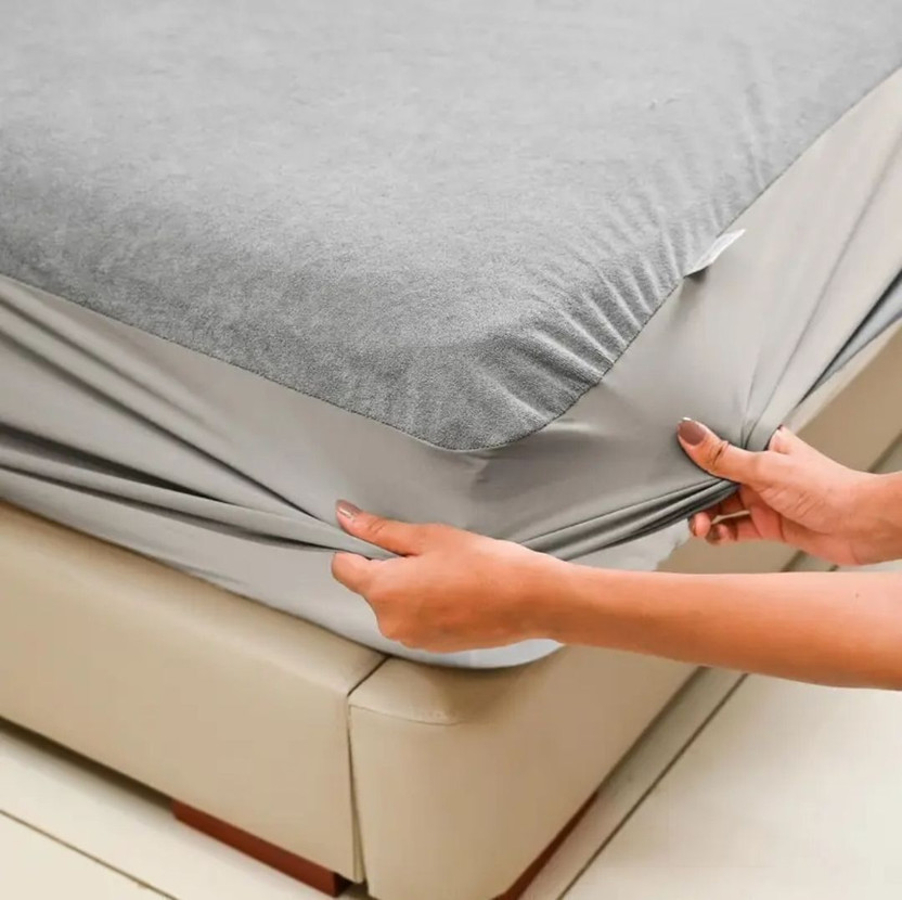 Blufurn Cotton King Fitted (Elastic) 200 TC Solid 1 AC Bedsheet(Grey)