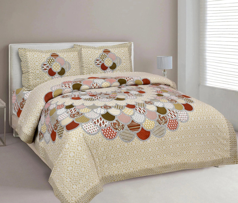 CLOTHOLOGY Cotton Double Flat 144 TC Jaipuri Prints 1 Bedsheet with 2 Pillow Covers(Beige, Rust, Brown)