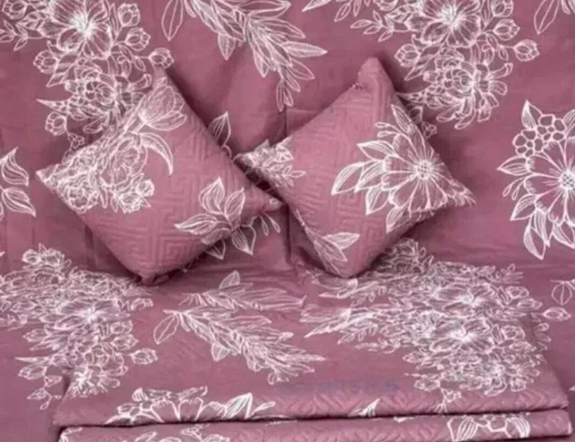 CLOVIS KRAFTS Cotton King Flat 300 TC Floral 1 Bedsheet with 2 Pillow Covers, 2 Cushion Covers(PINK WHITE FLOWERS)