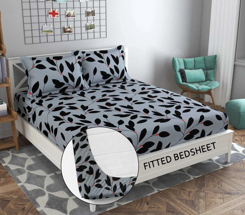 Decent Home Cotton Double Fitted (Elastic) 240 TC Floral 1 Bedsheet with 2 Pillow Covers(Grey Fits upto 6 inches mattress)