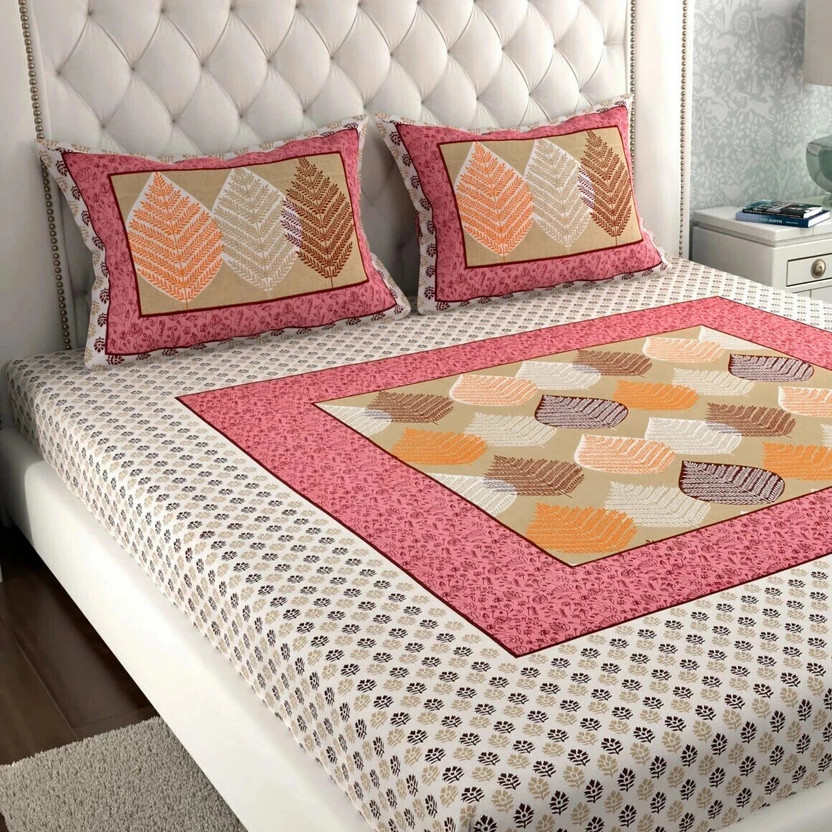 Leo Creation Cotton Double Flat 144 TC Jaipuri Prints 1 Bedsheet with 2 Pillow Covers(Pink, Beige, Cream, Brown, White)