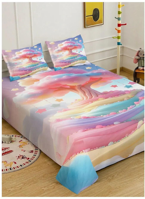ANTICCA INDIA Cotton King Flat 350 TC 7D Digital 1 Bedsheet with 2 Pillow Covers(STAR PINK TREE)