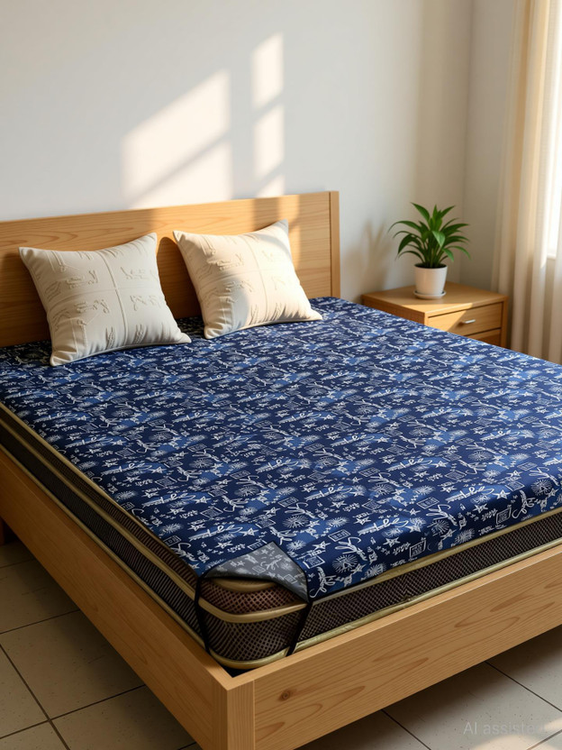 Kanushi Industries PVC Double Fitted (Elastic) 120 TC Printed 1 Bedsheet(Blue)
