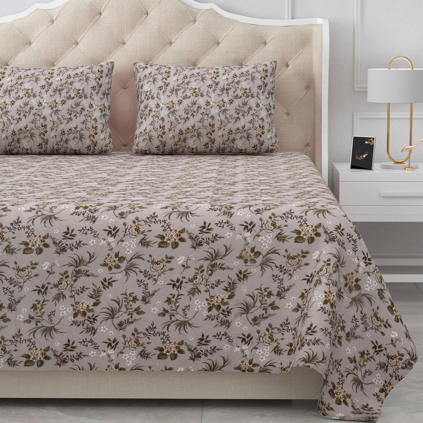 BELLA CASA Cotton King Flat 180 TC Floral 1 Bedsheet with 2 Pillow Covers(Grey)