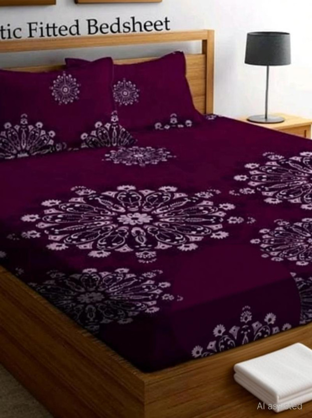 MAYAS COLLECTION Microfiber Double Fitted (Elastic) 250 TC Printed 1 Bedsheet with 2 Pillow Covers(Maroon)