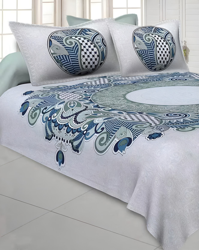 Bombay Spreads Cotton King Flat 180 TC Floral 1 Bedsheet with 2 Pillow Covers(Blue)