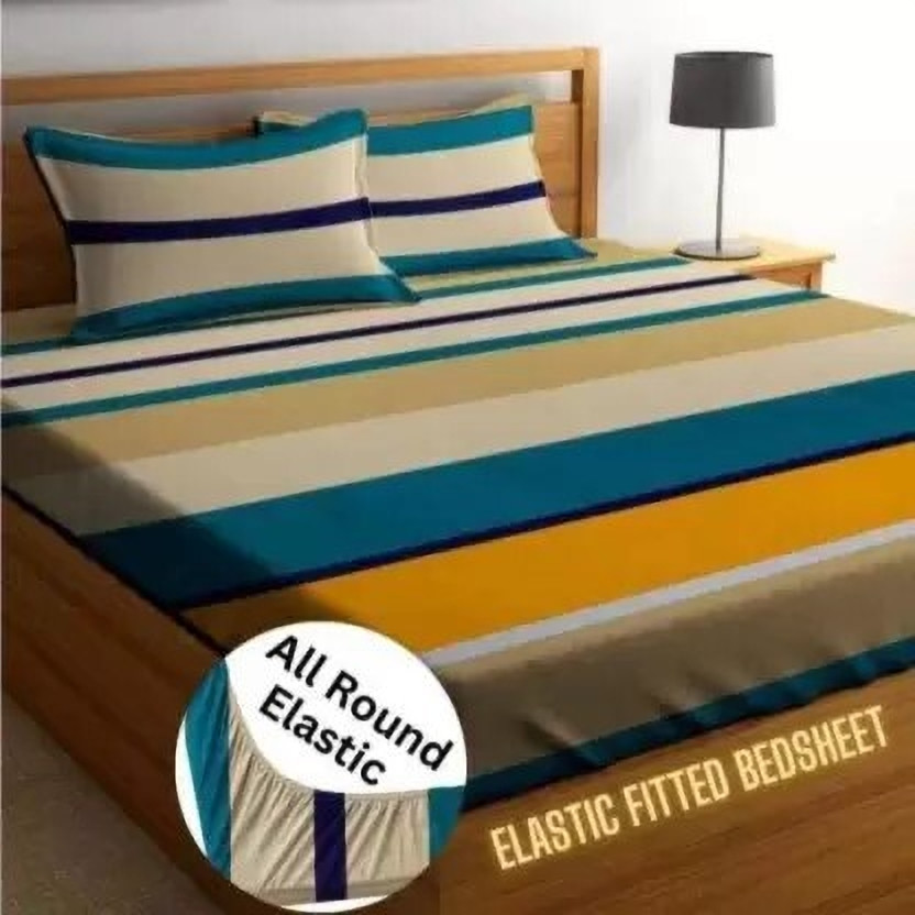 IVAAN INDIA Cotton King Fitted (Elastic) 210 TC 3D Printed 1 Bedsheet with 2 Pillow Covers(Multicolor)