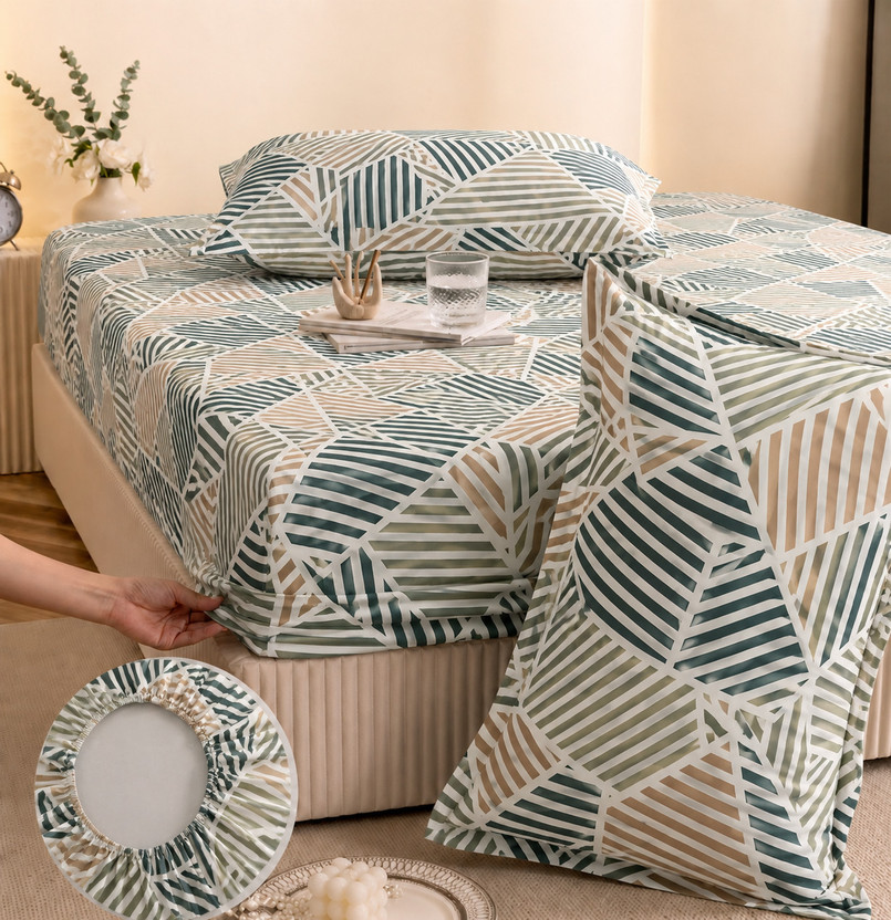 YaAkholic Cotton King Fitted (Elastic) 242 TC Printed 1 Summer Bedsheet with 2 Pillow Covers(Beige, Green)