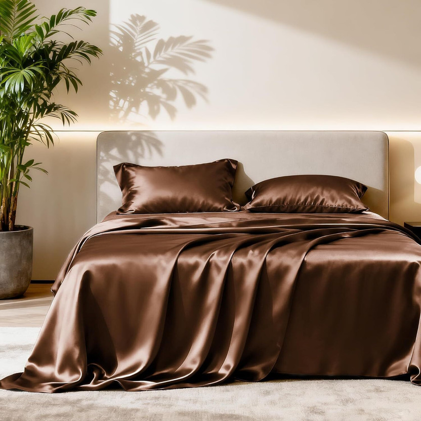 ALISHIBACASA Silk Single Flat 400 TC Solid 1 Bedsheet(Brown)
