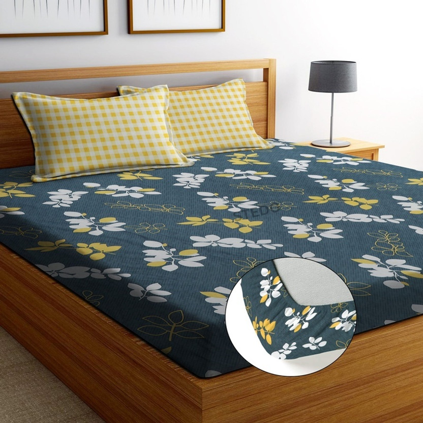 STEDO Cotton Double, King Fitted (Elastic) 250 TC Floral 1 Bedsheet with 2 Pillow Covers(Grey, Yellow)