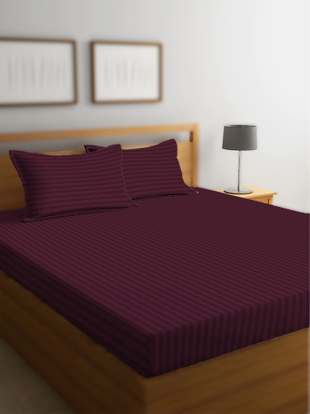OSONICTEXTILE Cotton King Fitted (Elastic) 240 TC Striped 1 Bedsheet with 2 Pillow Covers(Maroon)