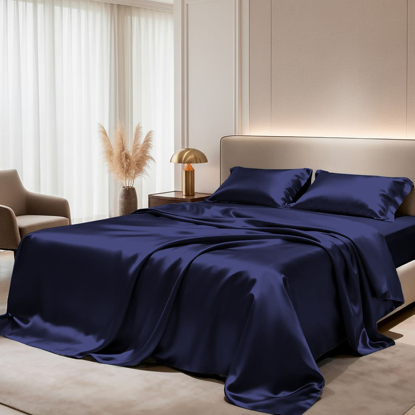ALISHIBACASA ALISHIBACASA Silk Double Flat 400 TC Solid 1 Bedsheet with 2 Pillow Covers(Navy Blue) - Flipkart Deal